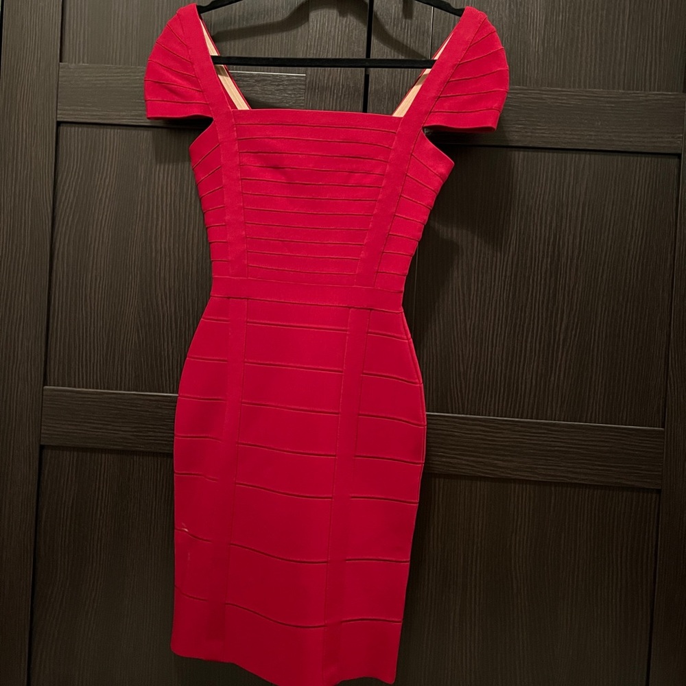 Herve Leger XXS gorgeous red cap sleeve bodycon dress with keepsake box